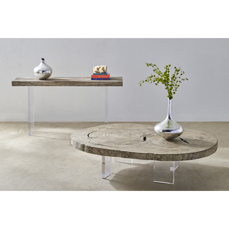 Transitional Gray Stone & Acacia Wood 60" Console Table with Acrylic Legs