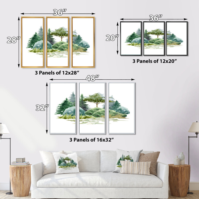 Nature, forêt, pelouse, brousse d'arbres, herbe II - ensemble d'art mural sur toile encadré champêtre, H 32 po x l 48 po