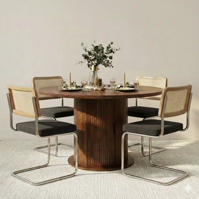5-piece Round Pedestal Dining Set With Cane Back Cantilever Chairs