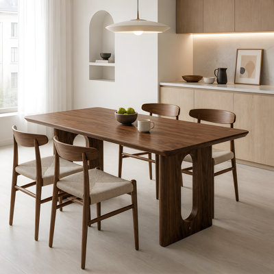 Table de salle à manger rectangulaire en bois massif de 62,9 pouces; une conception minimaliste et moderne convenant aux cuisines, aux salles à manger et aux salons, avec une finition noyer