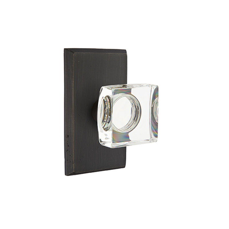 Ensemble de faux boutons Emtek avec rosette n ° 3 et bouton carré en verre moderne, Patine bronze moyen