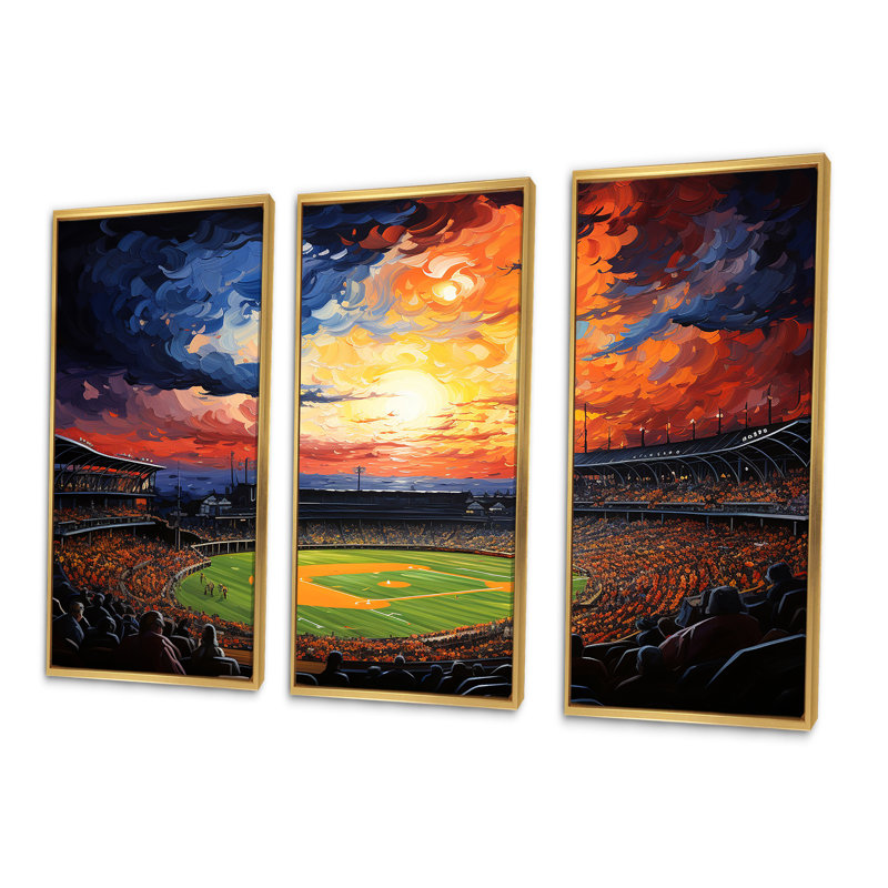 Night Match Stadium Under The Floodlight I - Stades, ensemble d'art mural sur toile, Cadre flottant doré