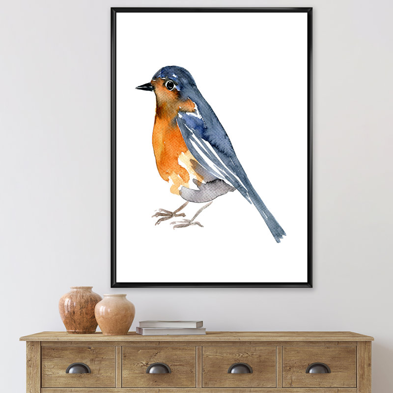Oiseau orange rétro - peinture sur toile, H 32 po x l 24 po x P 1 po, Cadre noir