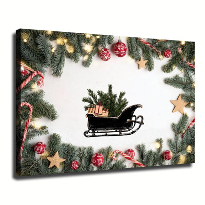 Christmas Sleigh With Gifts Pine Branch Decoration, Large Gallery Wrapped Canvas Wall Art Print For Living Room Bedroom