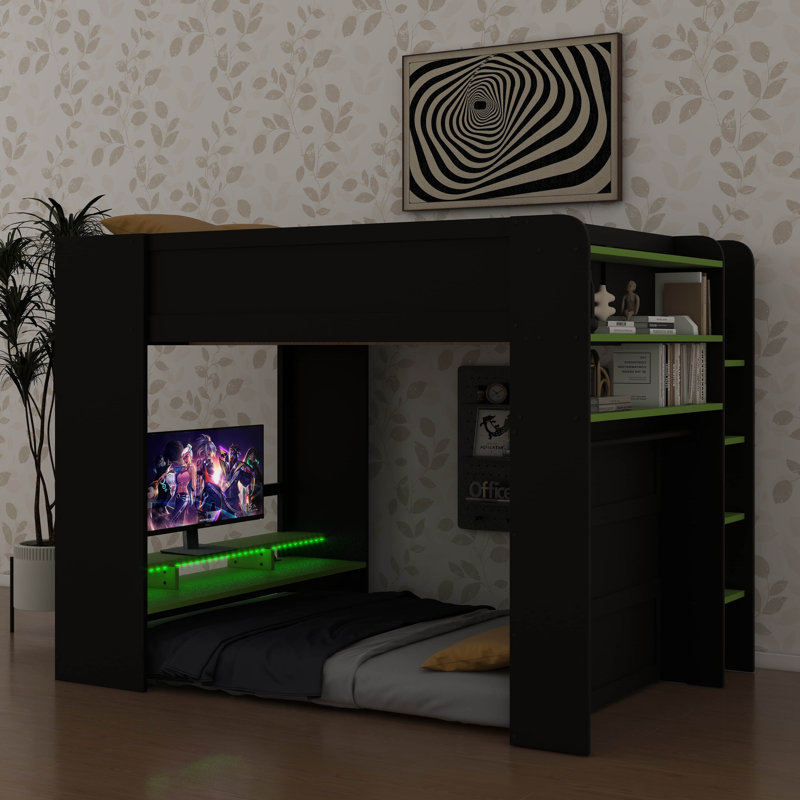 Full-Size Bunk Bed With Height-Adjustable Desk, Includes Wardrobe And RGB Lighting Options, Green