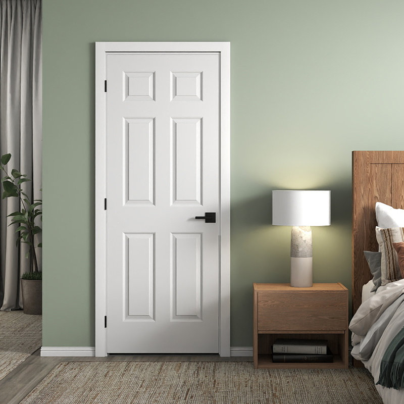 Porte intérieure pré-suspendue à droite de 30 po x 80 po avec ensemble de poignées démontables et charnières noires mates, porte intérieure à panneau creux à 6 panneaux avec alésage et charnière pour porte de salle de bain, garde-manger, porte intérieure de buanderie