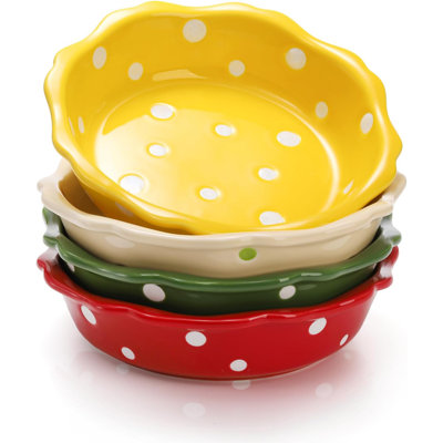 Set of 4 6 Inch Ceramic Mini Pie Pans, 10 Oz Polka Dot Baking Dishes, Corrugated Edge Oven Microwave Safe for Individual Pie Pot Pie