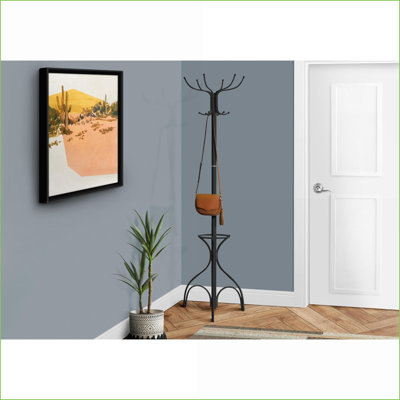 Coat Racks, Transitional 12-Hook Free Standing with Umbrella Holder, 70"H | Black | Metal
