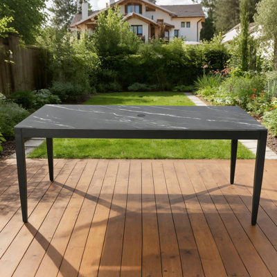Table de salle à manger d'extérieur rectangulaire en aluminium antirouille de 71 po x 35,5 po avec trou pour parasol