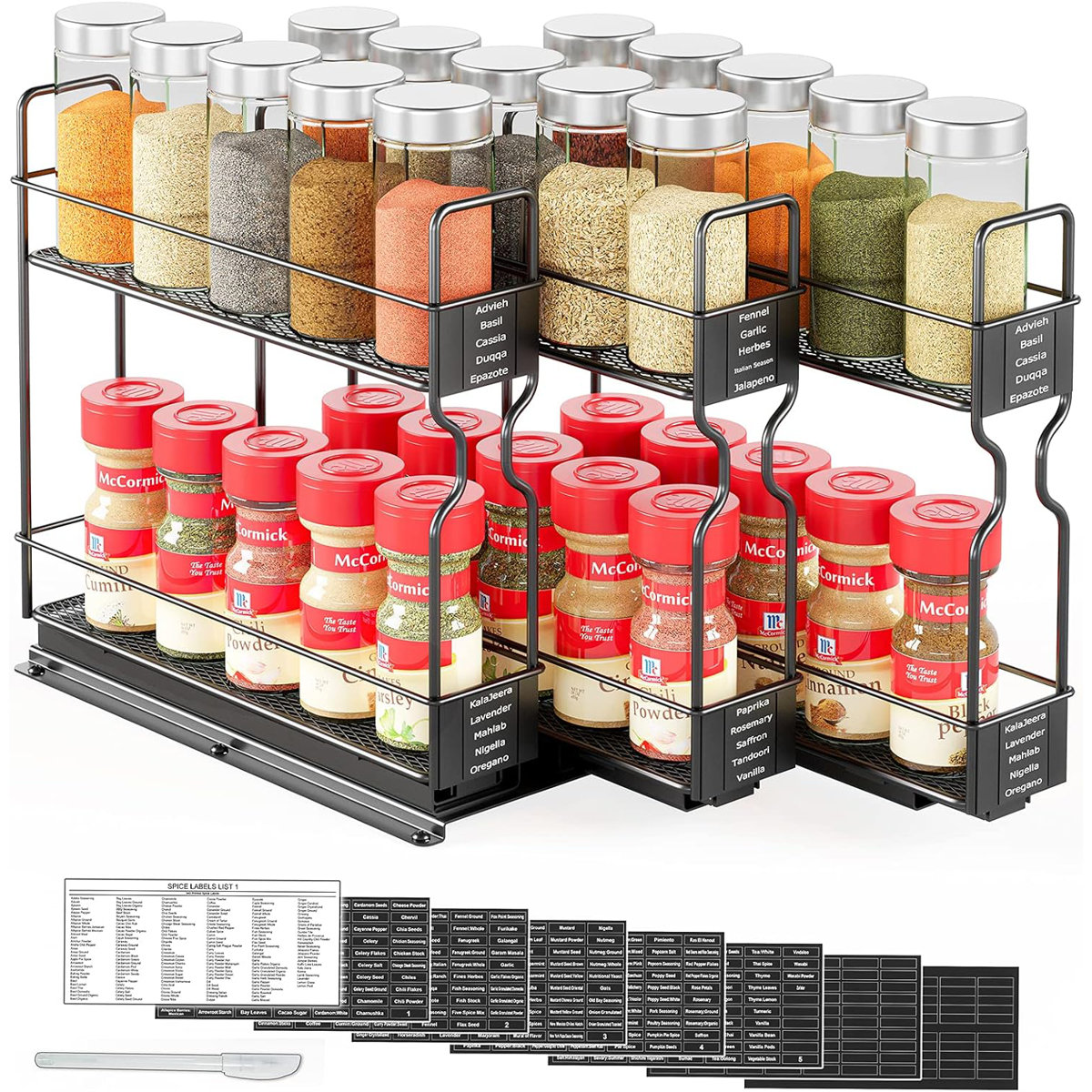 2-Tier Pull Out Spice Rack Organizer for Cabinet, Heavy Duty Slide Out Seasoning Organizer with Labels, 7.7"W x 10.75"D x 10"H, 3 Drawers