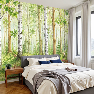 Peel and Stick Wall Mural Watercolor Forest Landscape Birch Green Leaf Trees 100"H x 144"W Self Adhesive Wallpaper for Bedroom for Home Wall Decor
