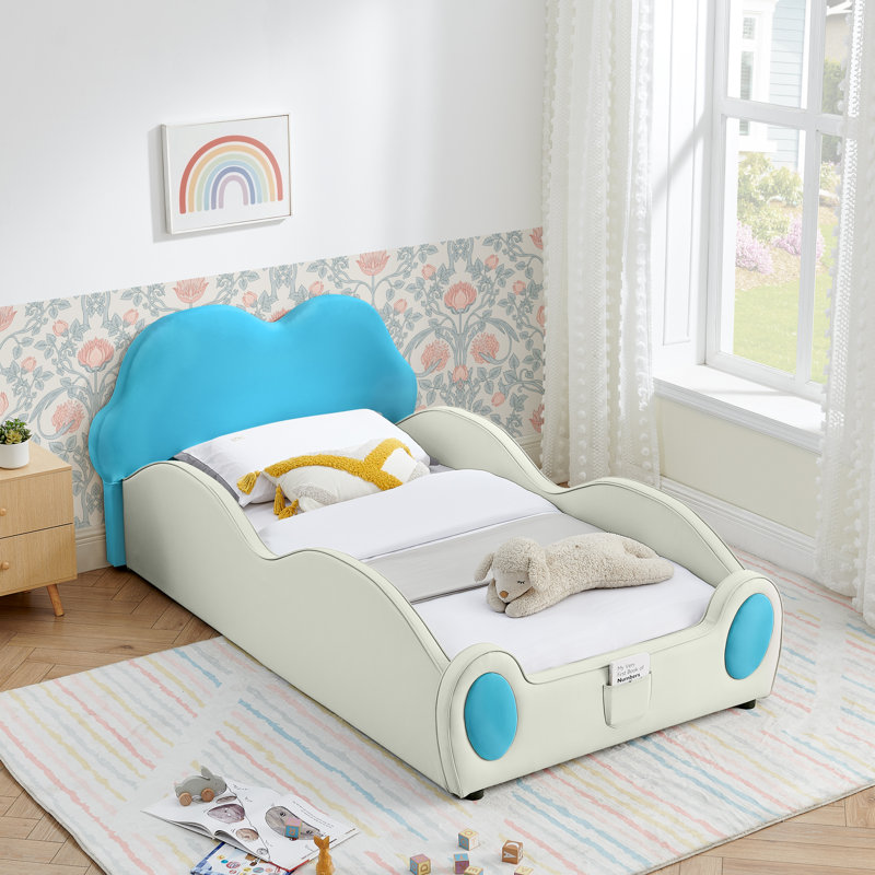Lit pour enfant en cuir de polyuréthane avec garde-corps et poche de rangement Luna Cloud