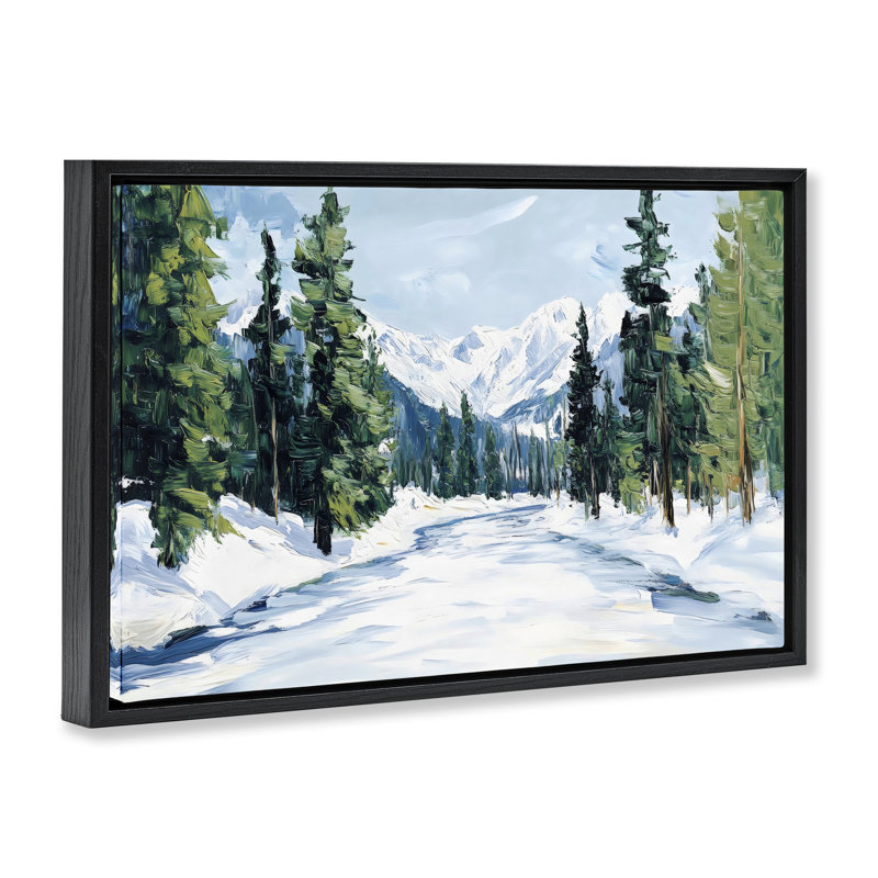 Cadre flottant Snowy Tall Tree Pass, design par Petal Prints Design, Cadre flottant noir de jais, H 17 po x l 25 po