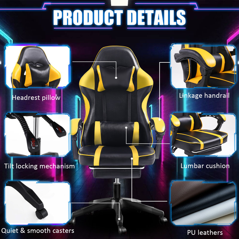 Wrought Studio™ Adjustable Reclining Leather Swiveling PC & Racing Game Chair, Black/Yellow