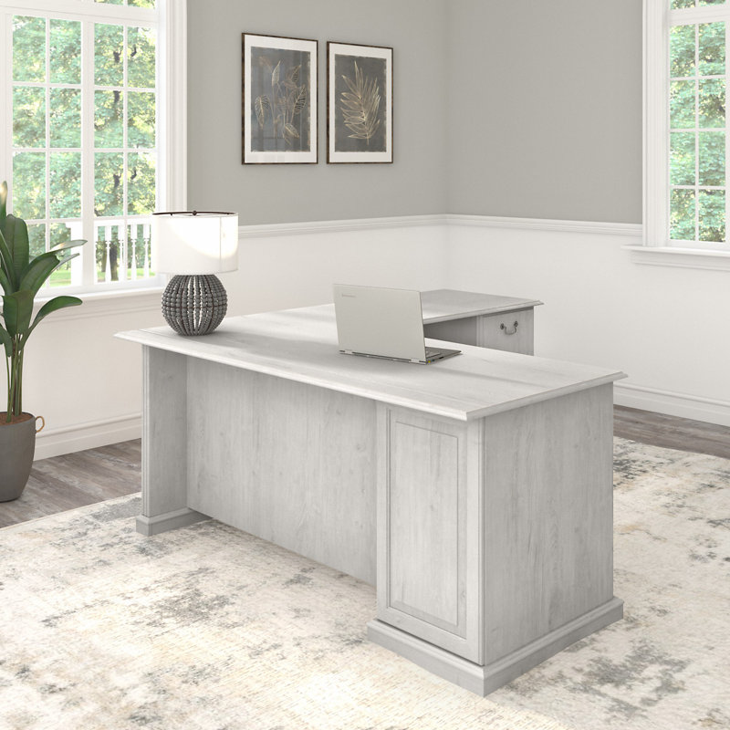 Raker Reversible L-Shape Computer Desk with Drawers, Linen White Oak