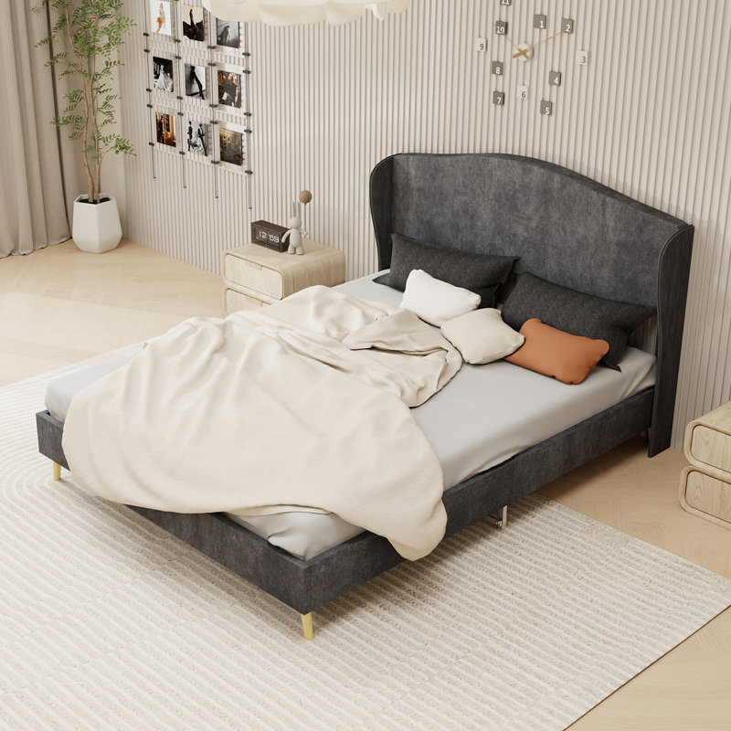 Lit tapissier en velours, Gris, Grand lit