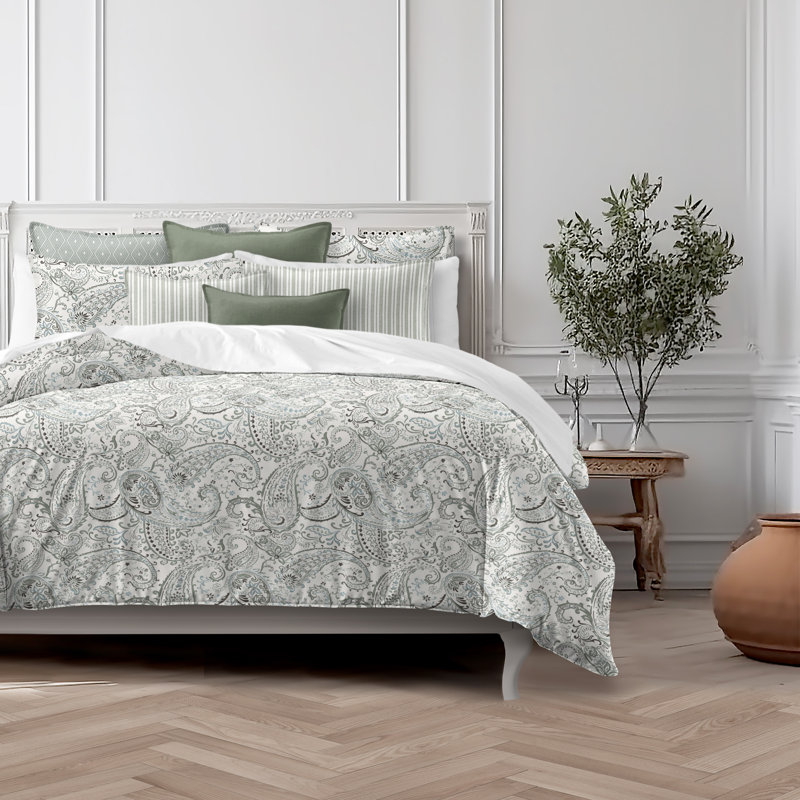 Paisley Seafoam Cotton Duvet Cover Set, King Duvet Cover + 7 Additional Pieces