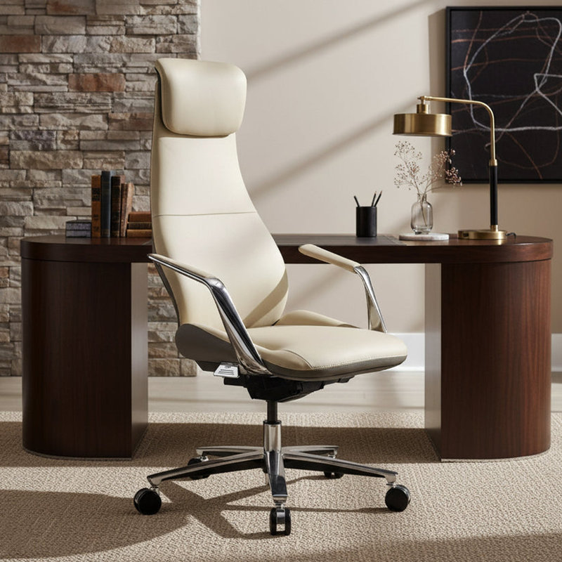 Genuine Leather Executive Office Chair With Adjustable Headrest, Gray