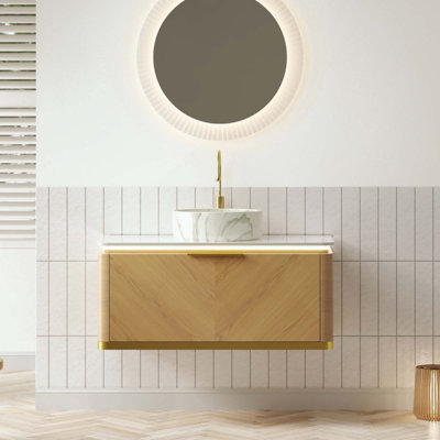 Bathroom Vanity&Sink, Floating Plywood Storage Cabinet, Drawer With Handle&Sensor Light, Stone Pattern Ceramic Vessel Basin&Sintered Stone Top, Pre-As