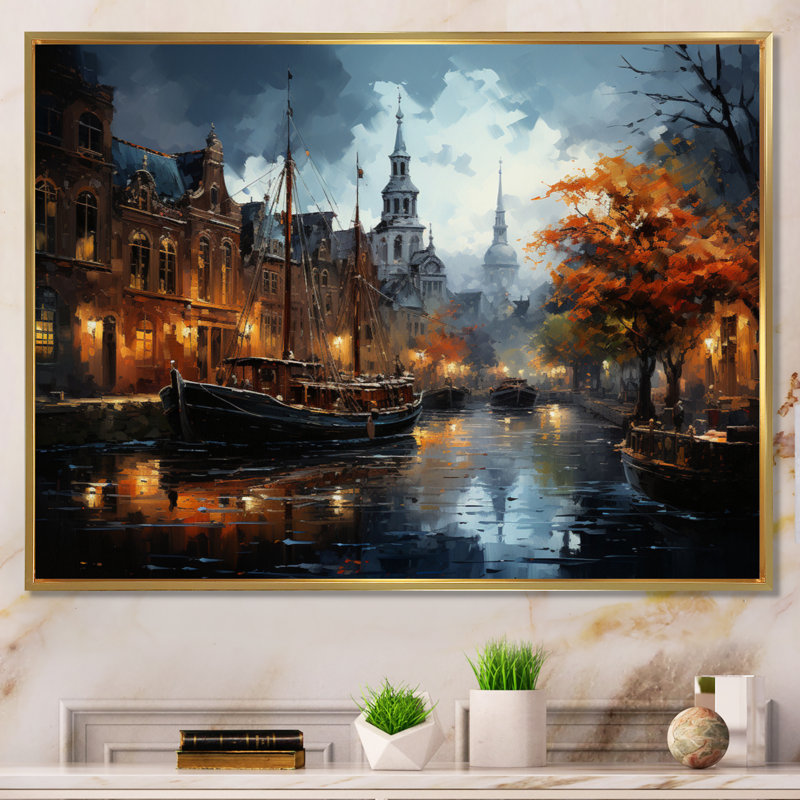 Danemark, Amsterdam, canal, nuit II - Danemark, art mural, H 16 po x l 32 po x P 1 po, Cadre flottant doré