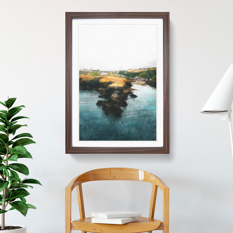 View of Port Isaac in Cornwall - Picture Frame Graphic Art, 65cm H x 48cm W x 2cm D, Walnut