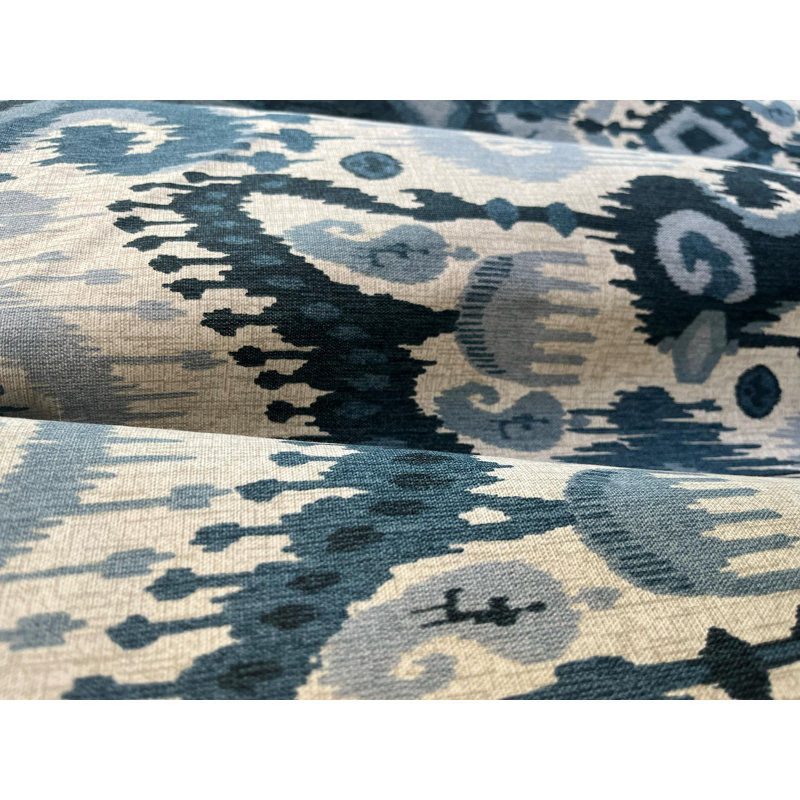 Navy Grey Blue Damask Ikat Paisley Print Curtain Panels, 50" W x 90" L