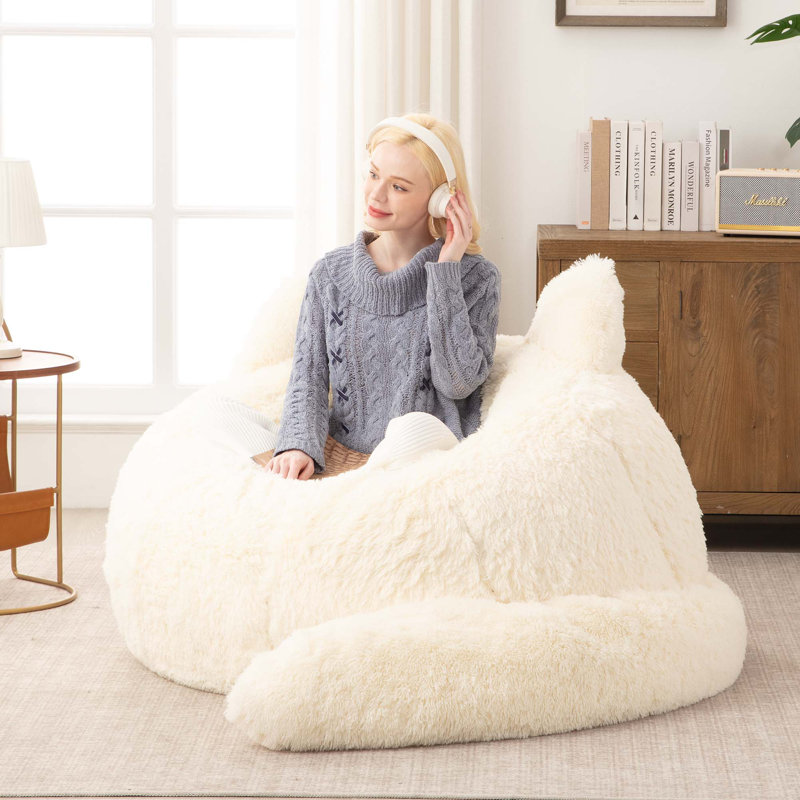 Modern Whimsical Style Cat Shaped Bean Bag Chair, Soft Faux Rabbit Fur Lazy Sofa with Detachable Tail Pillow for Adults & Kids