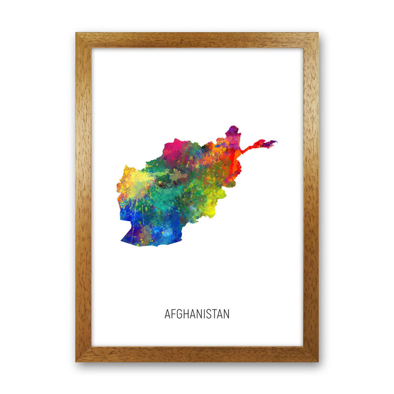 Afghanistan Watercolour Map by Michael Tompsett - Print, Brown Framed, 46cm H x 34cm W x 3cm D