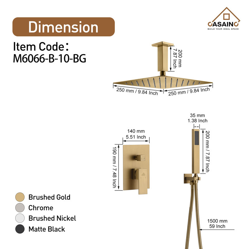 Brushed Gold Large Square Dual Rain Shower System with Handheld