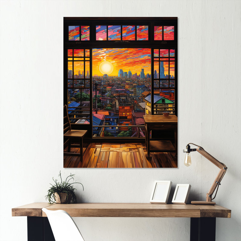 Coucher de soleil à la fenêtre de Tokyo vue de la fenêtre I - Japon, art mural en métal, H 20 po x l 12 po x P 1 po