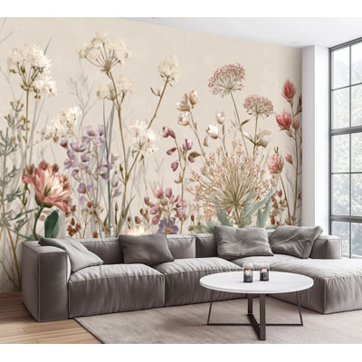 Wall Mural Peel and Stick Wallpaper Vintage Botanical Wildflowers Soft Pastel Tones Self-Adhesive Removable Contact Paper Wall Decor for Living Room Bedroom 100"H x 144"W
