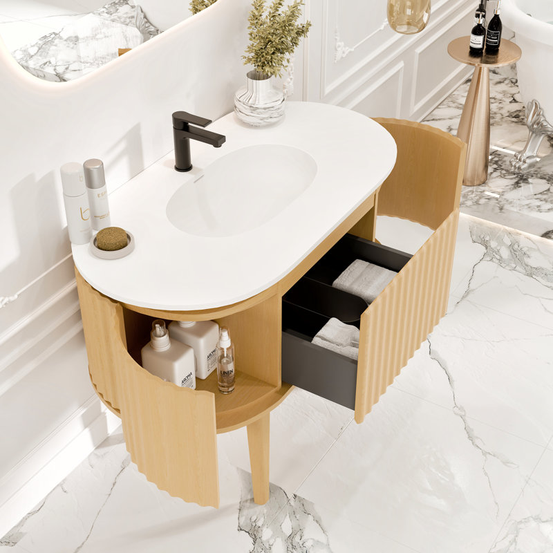 Natural Oak Freestanding Bathroom Vanity with White Solid Surface Top