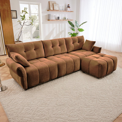 Ensemble de canapé à trois places avec repose-pieds et coussins, bois massif, chenille texturée, coussins à haute résilience, idéal pour la vie, le salon, le bureau, les espaces hôteliers, en orange brûlé