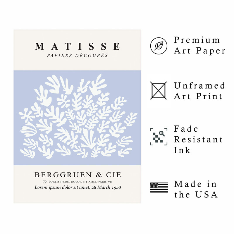 «Abstract Matisse Cutouts Soft Blue III Mid-Century», H 30 po x l 20 po