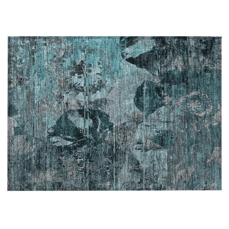 Tapis extérieur lavable antidérapant floral bleu sarcelle et gris 2 pi x 3 pi