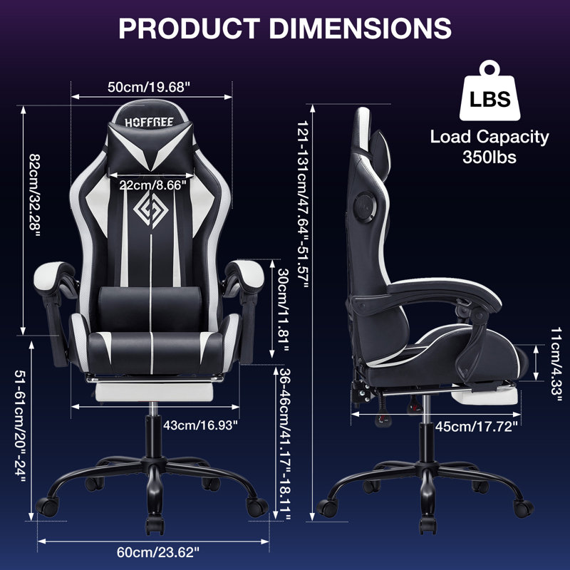 Hoffree LED Ergonomic Gaming Chair with Bluetooth Speakers and Vibration Lumbar Pillow, White/Black