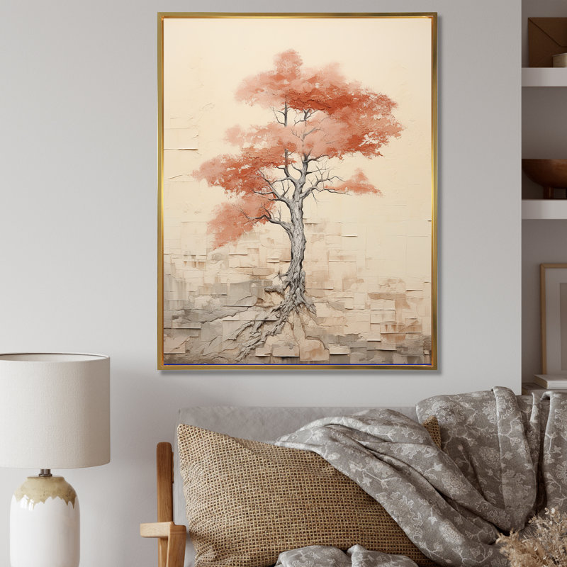 Minimalisme, séquoia rouge et beige, impression sur toile, Cadre flottant doré, H 32 po x l 24 po x P 1 po
