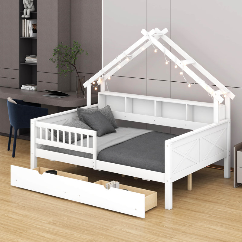 Lits plateforme en bois avec DEL, tablettes de rangement, tiroirs et garde-corps, Blanc