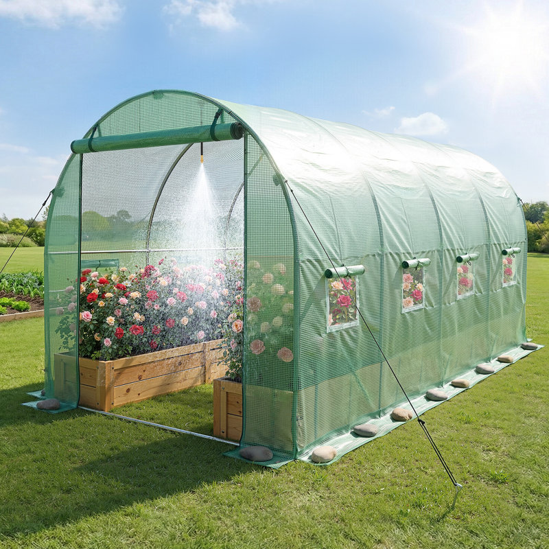 Walk-in Tunnel Greenhouse, 10 x 7 x 7 ft Hoop House Greenhouse Tunnel with Watering System, Plant Hot House with Steel Frame, PE Cover, Roll-Up Zipper Door and 6 Windows for Outdoors, Green