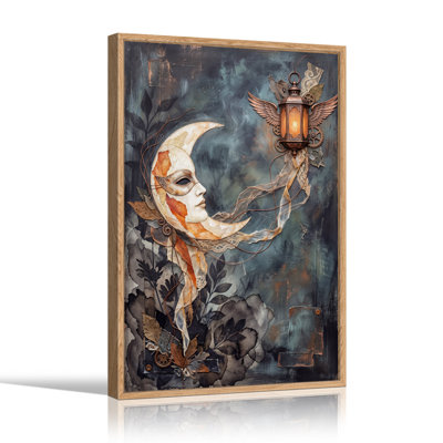Visage de croissant de lune et lanterne Steampunk, art mural sur toile d'Halloween