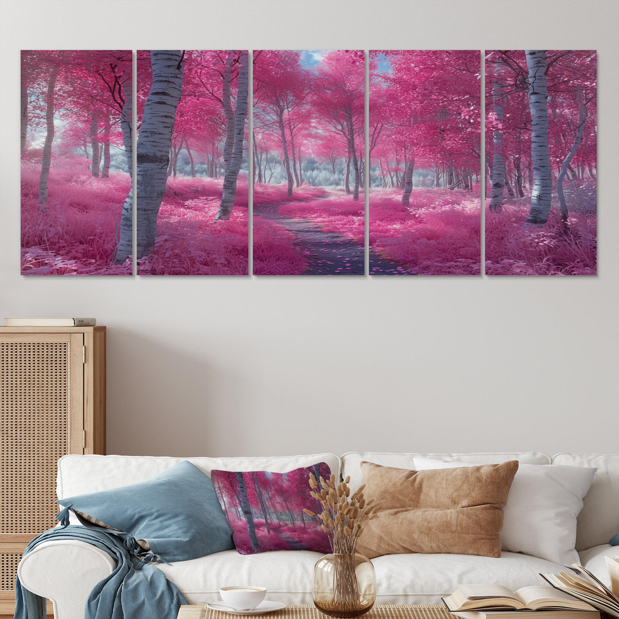 Millwood Pines Pink Birch Trees Forest Path Panorama III - Forest Wall ...