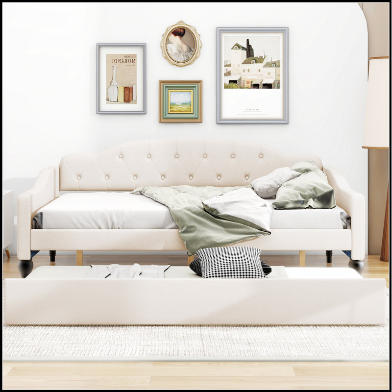 Upholstered Tufted Daybed with Trundle, Durable Linen Fabric and Spacious Storage for Modern Living Spaces