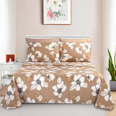 Marina Decoration Home Decor Bedding Bedroom Bedsheet Soft Silky Deep Pocket Rayon from Bamboo All Season 6 Pieces Printed Sheet Set with 4 Pillowcases, Taupe Beige Elegant Floral Pattern Queen Size