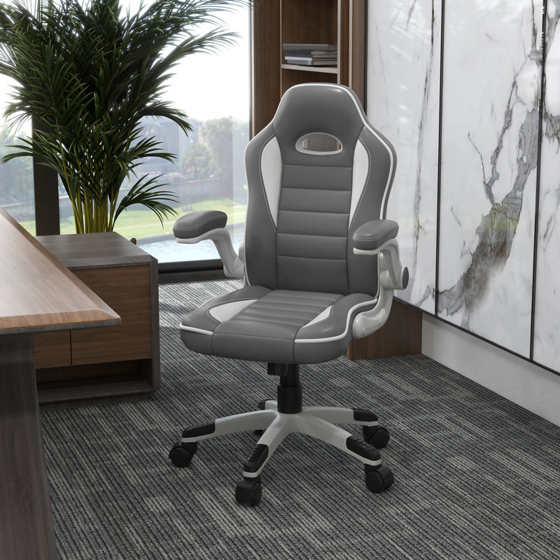 Inbox Zero Adjustable Faux Leather Swiveling PC & Racing Game Chair, Grey