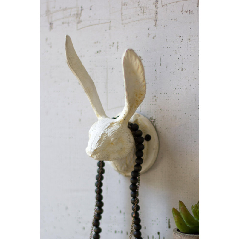 Crochet mural Kalalou Rabbit H 6,69 po en fonte au fini blanc antique vieilli, Blanc