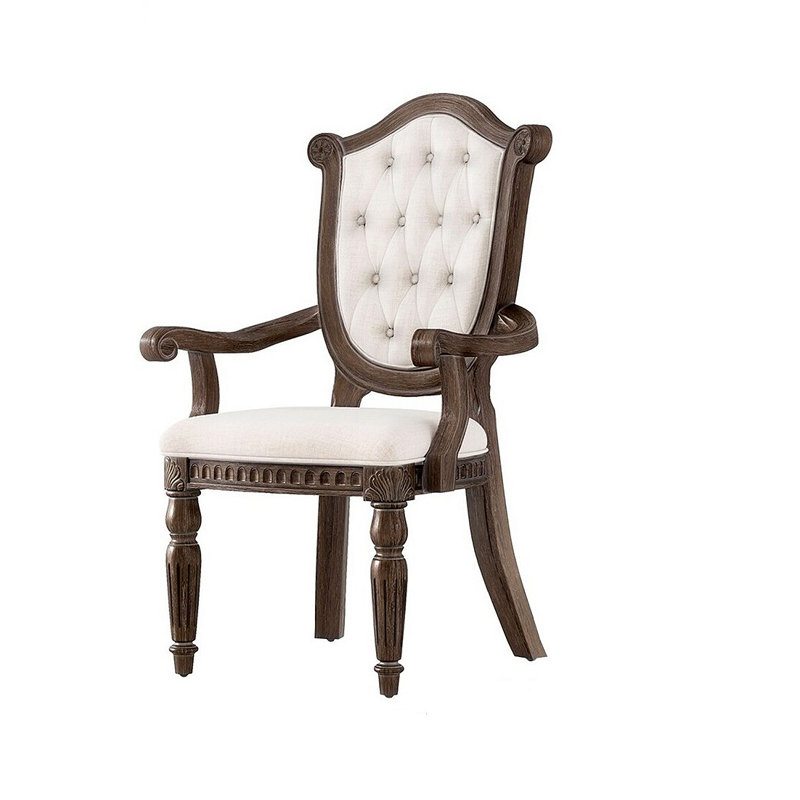 Chaise de salle à manger de style rustique avec accoudoirs à dossier capitonné à losanges et pieds avant cannelés