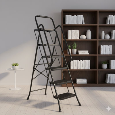 Escabeau pliant à cinq marches avec large pédale antidérapante, fabrication en acier robuste avec capacité de charge de 330 livres, comprenant une main courante pratique, un escabeau en acier léger et portatif.