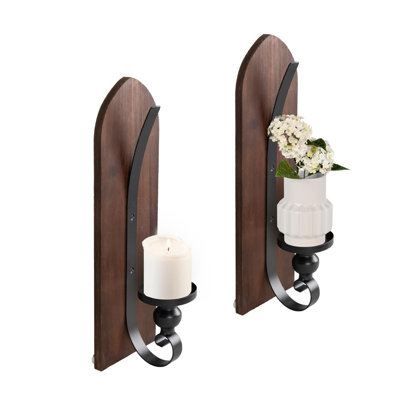 Wall Candle Sconces Set Of Two, Brown Wall Mounted Metal And Wooden Wall Candle Holders, Farmhouse Candle Sconces For Bedroom, Fireplace