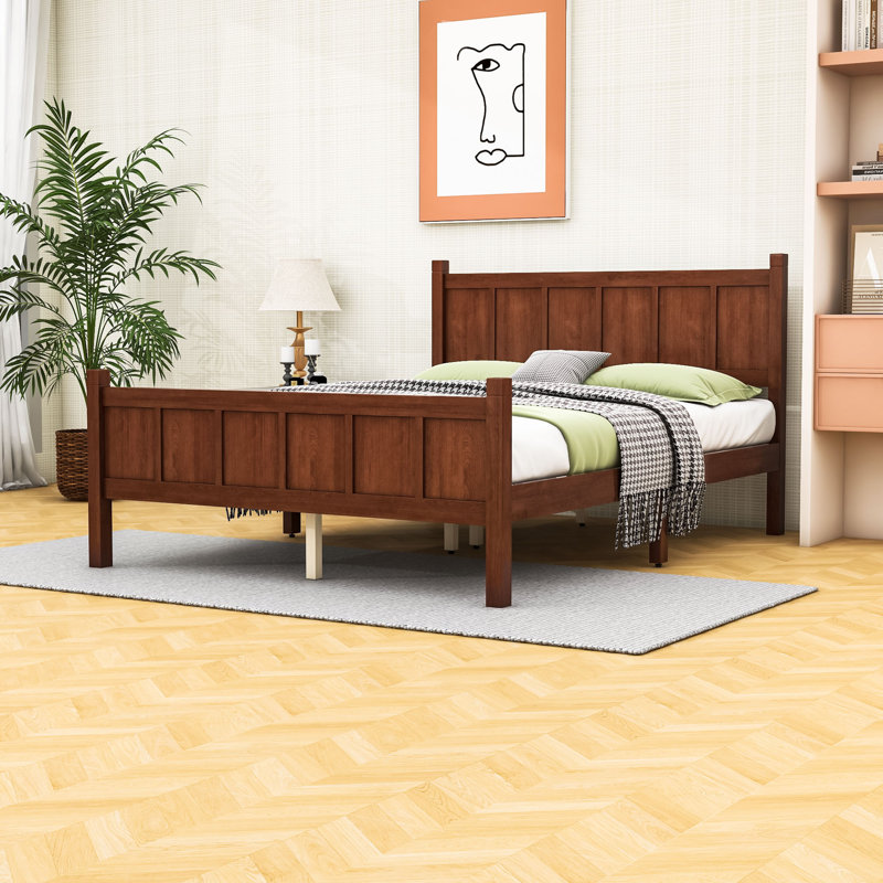 Base de lit plateforme avec tête de lit, Lit double, Noyer foncé