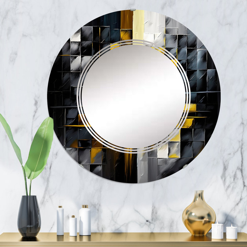 Rahini - Abstrait géométrique noir et jaune IV - Miroir mural géométrique moderne, 32 po x 32 po
